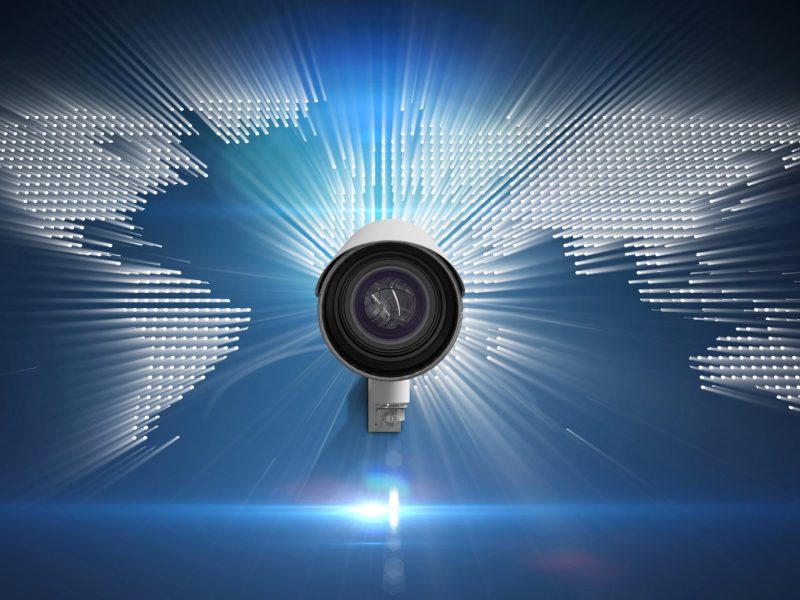 Digital composite of Composite image of Security camera against white and blue map background